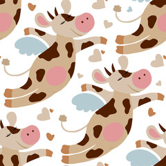 Dreaming cow seamless vector pattern. New Year Christmas illustration 2021. Flying animal kid funny background.