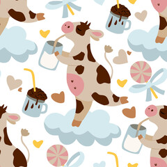 Cow seamless vector pattern. New Year 2021 background. Christmas cow drinking milk. Cartoon, farm animal vector kid illustration.