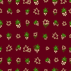 Seamless pattern with grape. Hand drawn elements. Pattern on a colored background with doodles for printing on fabrics, paper, packaging. Vector