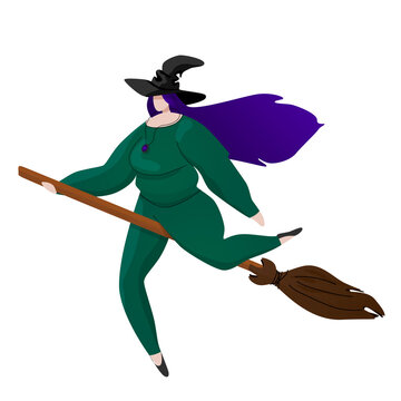 Body positive plus size witch with purple hair and wizard hat on the broom. Halloween decoration element. Vector illustration in modern flat style isolated on white.