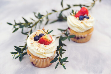 Tasty cupcakes decorated with cream cheese, blueberry and strawberry.