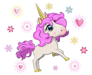 Magic cute unicorn, stars, clouds and moon poster, greeting card