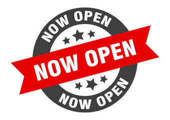 Obraz premium now open sign. round ribbon sticker. isolated tag