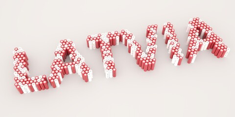 LATVIA text made with many batteries. Electrical technologies related 3d rendering