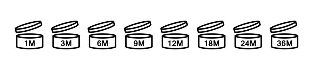 Period after opening, Pao vector icons of cosmetic open month life logo shelf, expiration period months PAO symbols set