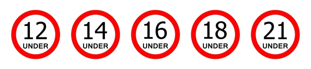 Set of under 18 not allowed sign, number eighteen in red crossed circle