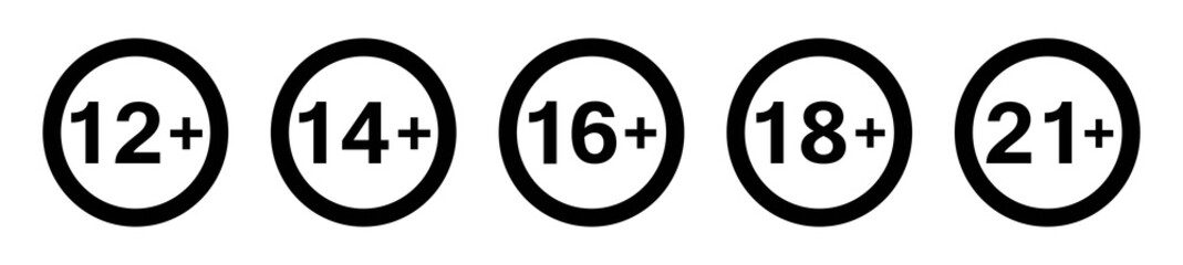 Set of under 18 not allowed sign, number eighteen in red crossed circle