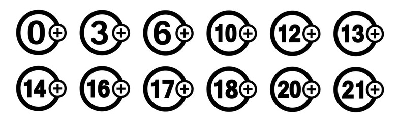 Set of under 18 and other age not allowed sign, number eighteen in red crossed circle