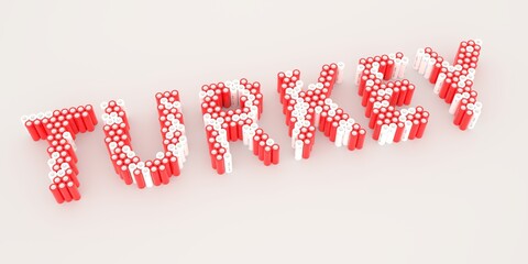 TURKEY text made with many batteries. Electrical technologies related 3d rendering