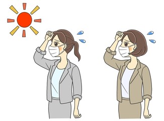 Two young women with masks suffering from summer heat