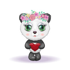 Cute little panda with big eyes and in a wreath of flowers, greeting card illustration, cute animals