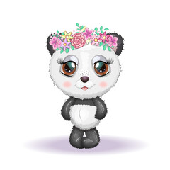 Obraz premium Cute little panda with big eyes and in a wreath of flowers, greeting card illustration, cute animals