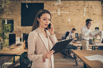 Nice confident beautiful experienced skilled businesslady people ceo boss chief calling employee at...
