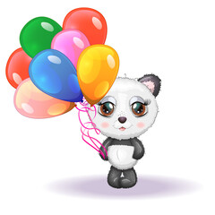 Cute little panda with balloons, greeting card illustration, cute animal.