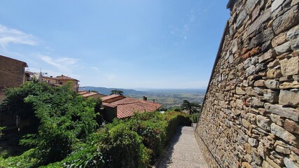 Landscape from the ancient city of Cortona on the top of a hill in Tuscany, Italy.