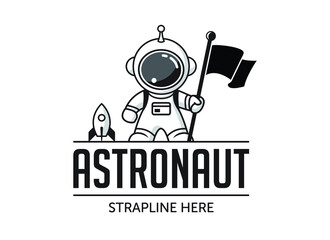 Astronaut holding a flag with a space rocket in the background. Vector logo/illustration