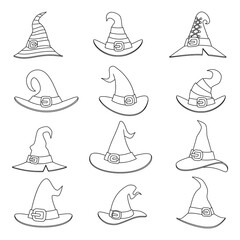 Outline witch hat decoration halloween icons set isolated cartoon lineart design vector illustration