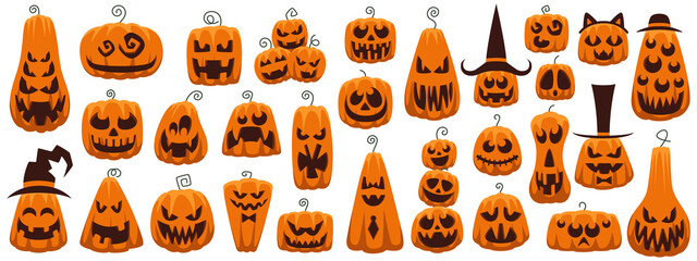 Halloween pumpkin carving set. Jack o lantern face collection. For Halloween decoration and design. Vector illustration isolated on white background. Stock vector