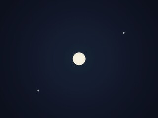Two stars around full moon in blue sky at night