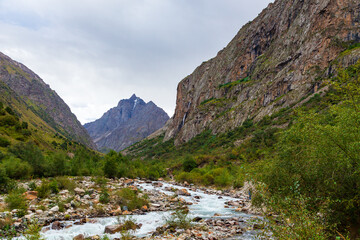Fototapeta na wymiar Mountain landscape with a river and a waterfall. Summer background. Belogorka gorge, Kyrgyzstan