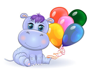 Naklejka premium Cute cartoon hippo with beautiful eyes with balloons, a boy and a girl. greeting card, baby shower invitation