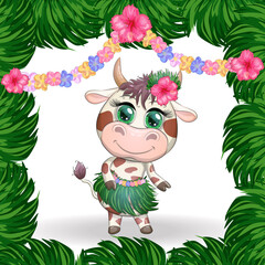 Naklejka premium Cute bull character on white background. Cheerful ox dancing. 2021 Lunar Year animal symbol.