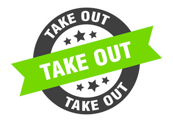 take out sign. round ribbon sticker. isolated tag