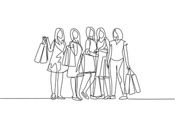 Single continuous line drawing group of happy beauty woman holding paper bags after shopping dress, make up, cosmetic together. Shopping concept. One line draw vector graphic design illustration