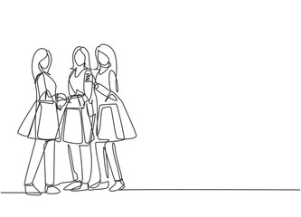 One single line drawing young group of happy women holding paper bags after shopping together at mall. Commercial retail fashion and makeup shopping concept. Continuous line draw design illustration