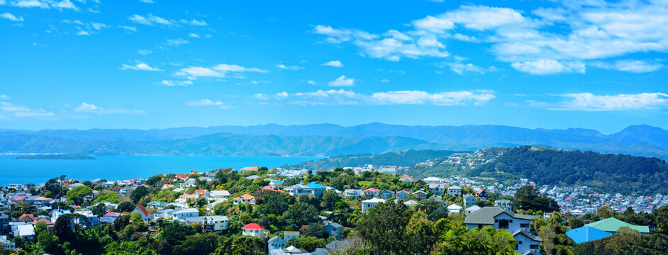 Panoramic view over Wellington Harbour, Mt Victoria and red roofed houses of suburbian Wellington, New Zealand.