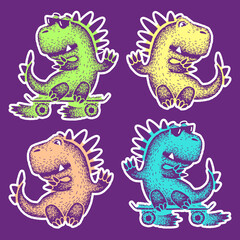 Set of cute dinosaur with glasses. dinosaur rides on a skate. Cartoon cool skater dino character. Skateboard drawing. Funny t-shirt print for kids.