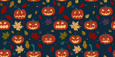 ПечатSeamless pumpkin pattern with fallen autumn leaves on a dark background. Halloween Pattern.Design for banners, Halloween invitations, printed products, postcards, textiles
