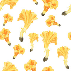 Fototapeta premium Seamless pattern of orange mushroom chanterelle on white background. Watercolor hand drawn illustration. Edible mushroom. Perfect for print, digital paper, wallpaper, textile, cover.