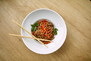 Stir fry noodles soba with beef