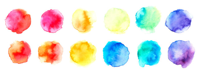 Hand drawn sketch abstract watercolor splashes set. Isolated colorful blots on white background