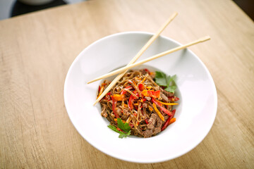 Stir fry noodles soba with beef