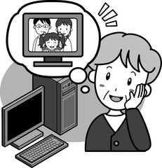 パソコンを使い離れている家族とリモートで話したいおばあさん