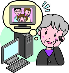 パソコンを使い離れている家族とリモートで話したいおばあさん