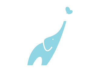 Curious elephant reaching up with its trunk to touch a butterfly. Vector logo