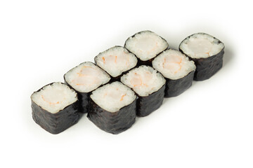 Hoso with shrimp on a white plate classic Japanese sushi. Sushi roll with nori, rice and shrimp Traditional Japanese food with maki Delicious pieces of sushi For restaurant menu Place for inscription