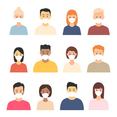 Group of multicultural men and women wearing medical masks. Disease, flu, contaminated air, world pollution, pandemic concept set. Vector illustration human avatar in a flat style isolated on white
