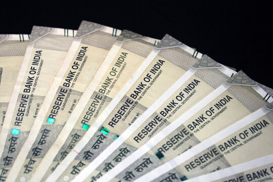 Indian currency. 500 rupee note. Five hundred rupee Indian currency isolated on black background.