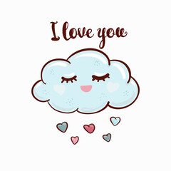 I love you- lettering handwriting, beautiful inscription decorated cloud with hearts, symbol of eternal love. Doodle for textiles, t-shirts or postcards.