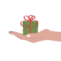 Vector illustration gift box in the palm, a gift in hand on a white isolated background.