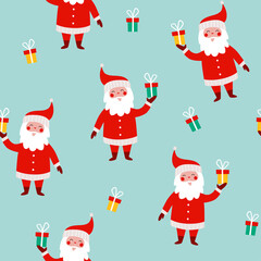 Christmas seamless pattern with funny Santa Claus and gifts on a blue background. Vector Christmas illustration. Santa Claus give gifts. Background for gift wrapping or fabric design.