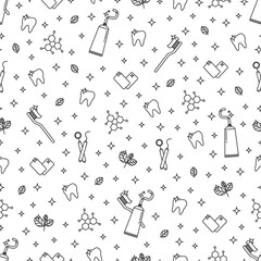 Dental care seamless pattern with teeth, toothbrush, toothpaste, medical equipment. Modern outline vector illustration. Health care background for dentistry clinic, branding, advertisement