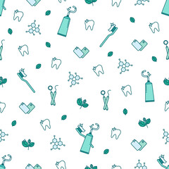 Dental care seamless pattern with teeth, toothbrush, toothpaste, medical equipment. Modern outline vector illustration. Health care background for dentistry clinic, branding, advertisement