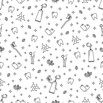 Dental care seamless pattern with teeth, toothbrush, toothpaste, medical equipment. Modern outline vector illustration. Health care background for dentistry clinic, branding, advertisement