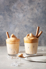 dalgona coffee in glass. trendy Instant coffee whipped with sugar and hot water