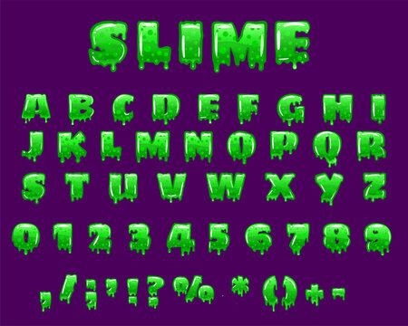 Slime Font green bubbling toxic mold. Letters numbers glyphs